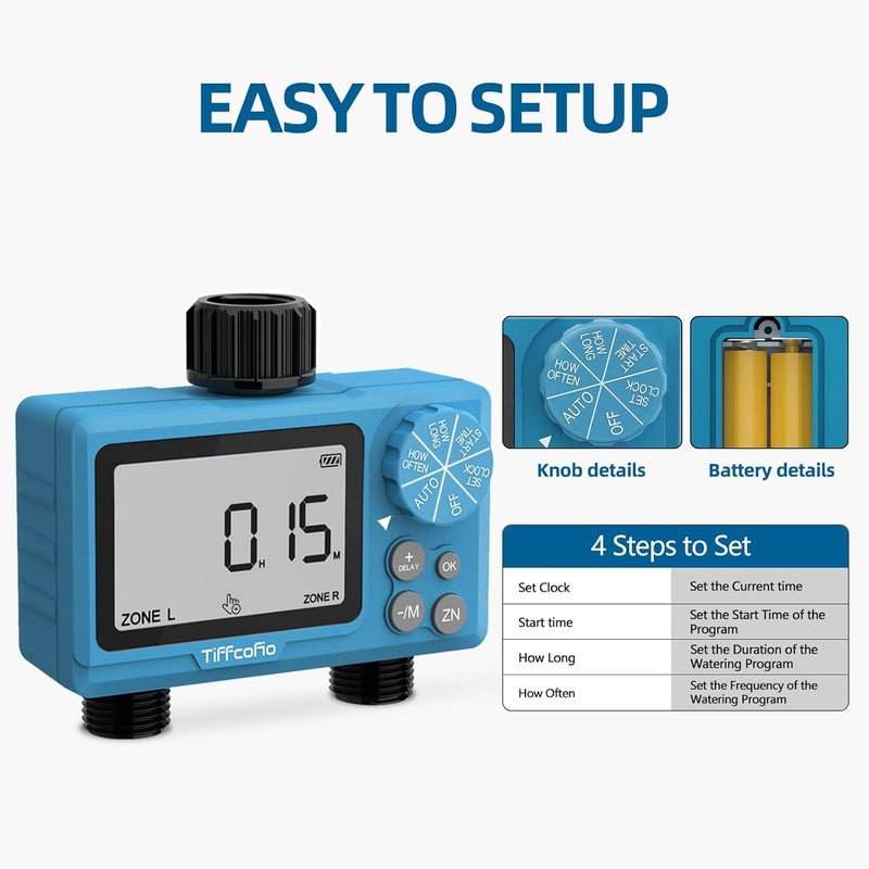 Tiffcofio Sprinkler Water Timer Outdoor, 2 Outlets Digital Pogrammable for Garden Hose, Irrigrtion Timer with Rain Delay and Manual Mode (1 Pack) - Image 2